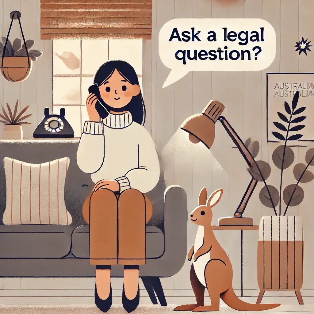 DALL·E 2025-01-23 00.03.03 - A cartoon-style illustration of a person asking a legal question by phone. The character is seated in a cozy home environment, holding a phone to thei