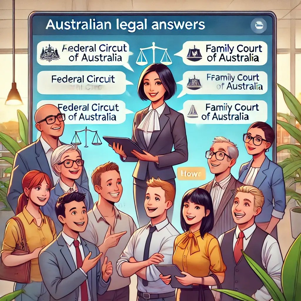 DALL·E 2025-01-23 00.03.18 - A cartoon-style illustration of a diverse group of people receiving legal answers. The scene includes a digital tablet showing Australian legal source