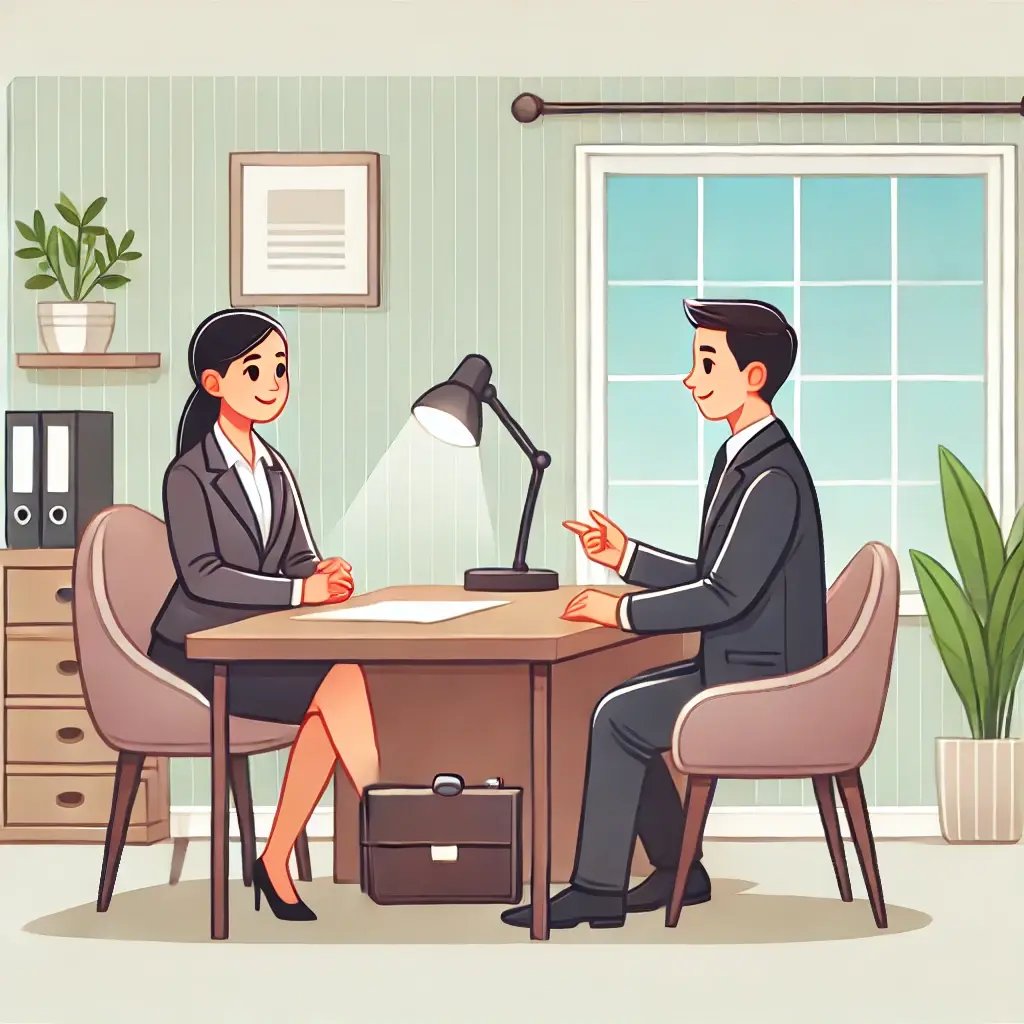 DALL·E 2025-01-23 00.11.15 - A cartoon-style illustration of a professional, gender-neutral lawyer meeting with a client. The scene shows a modern, minimalistic office with welcom